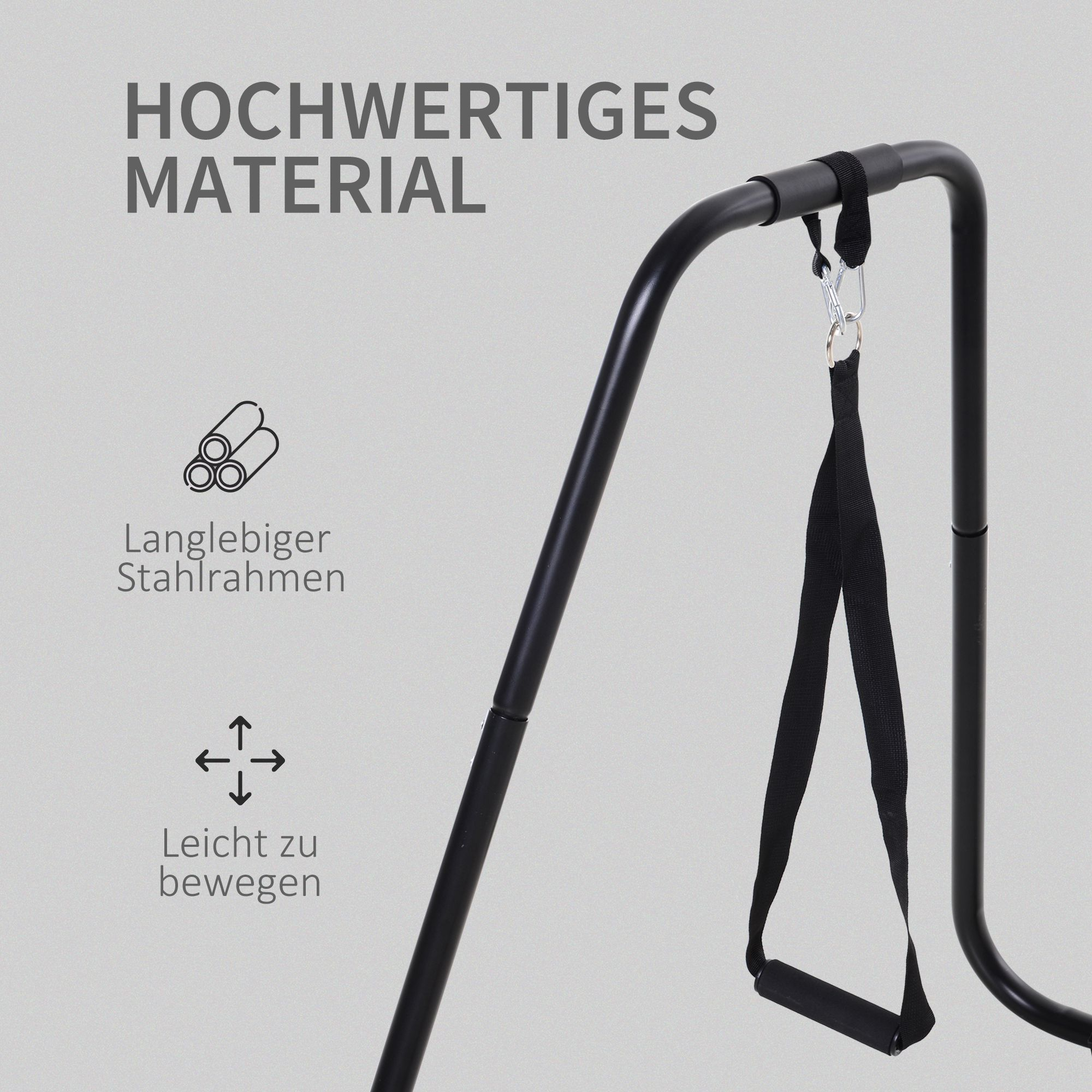 Nahaufnahme der Stützstruktur einer schwarzen Übungsstange. Die Stange ist mit einem schwarzen Gurt an der Basis befestigt.