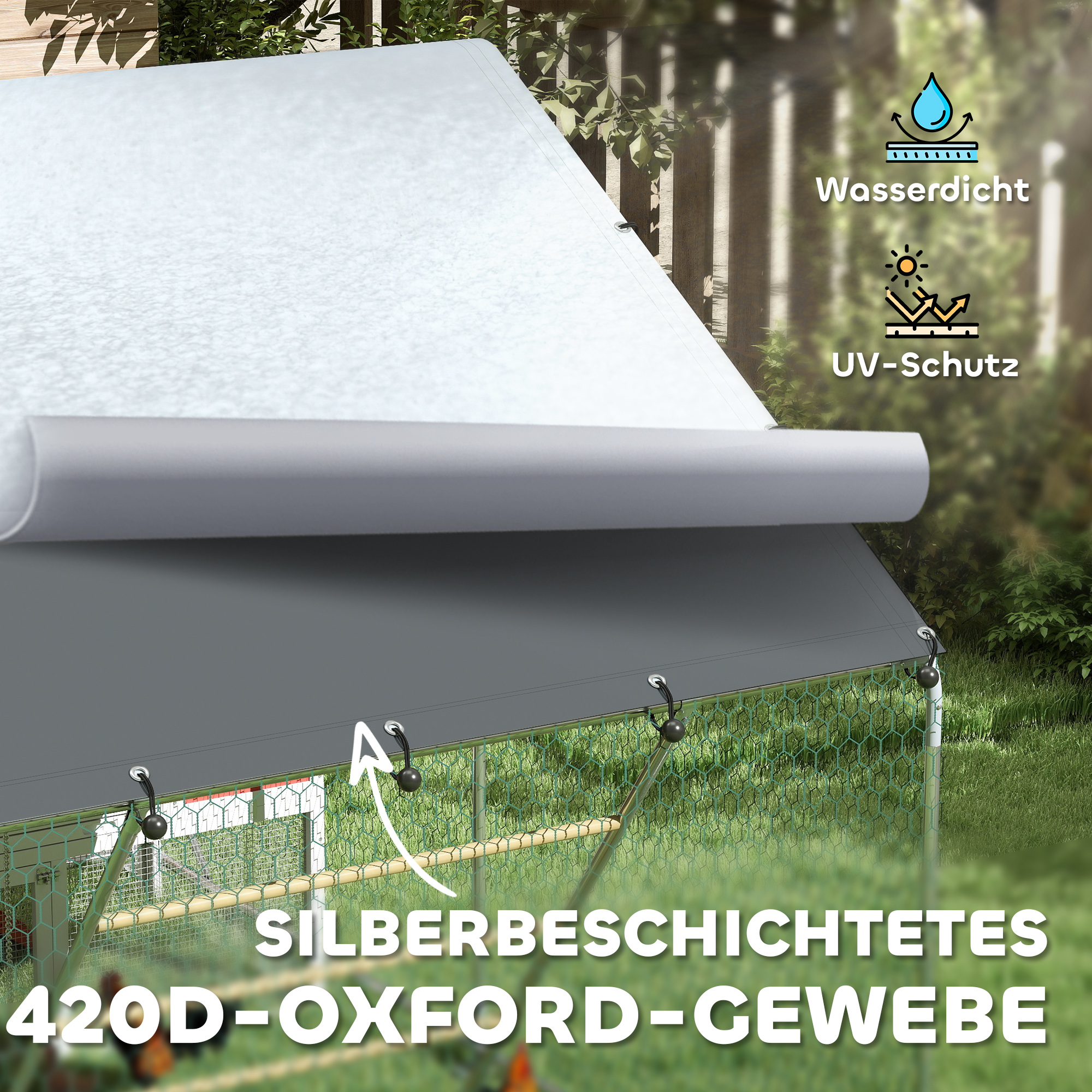 Ein silberbeschichtetes, graues Gewebe. Text: Wasserdicht und UV-Schutz. Es hat einen Holzrahmen.