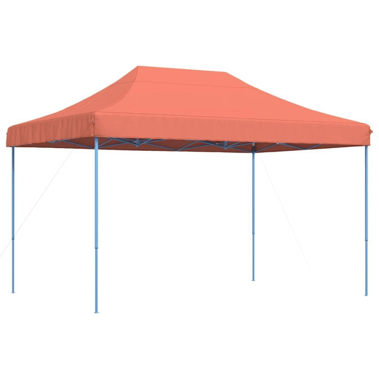 Oranges Pop-up-Zelt. Weißer Hintergrund. Blauer Rahmen.