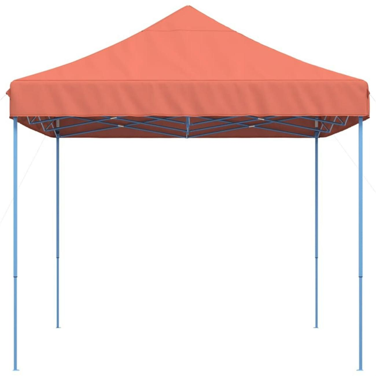 Oranges Pop-up-Zelt. Weißer Hintergrund. Blauer Rahmen. Draufsicht.