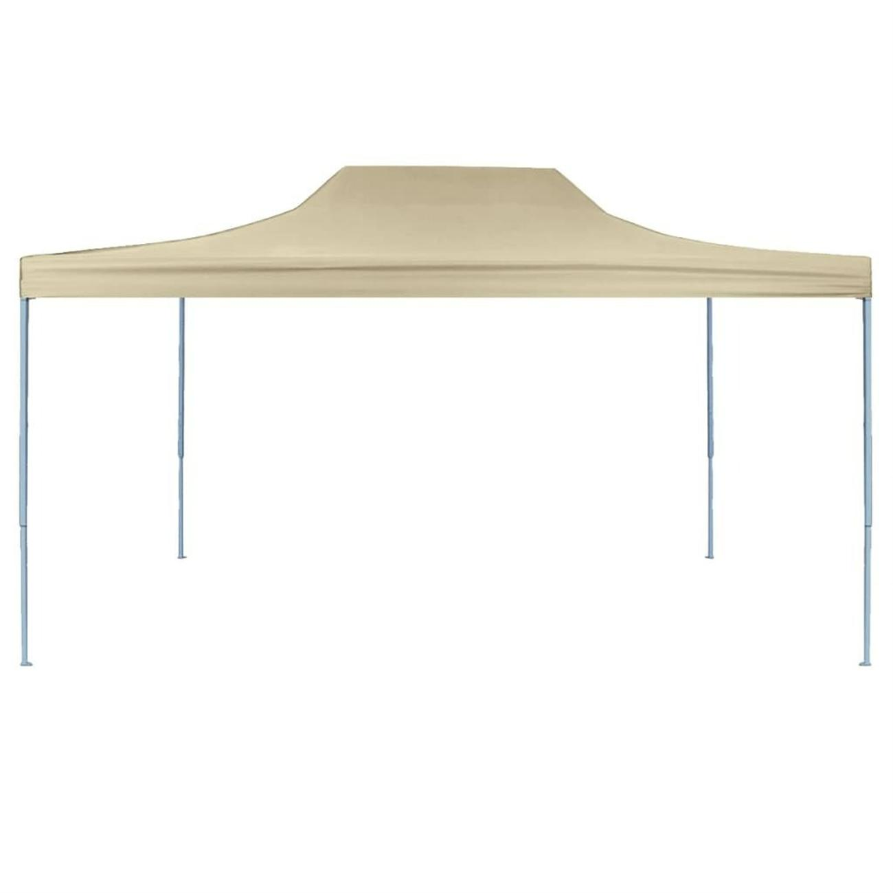 Beiges Pop-up-Zelt, weißes Gestell, weißer Hintergrund.