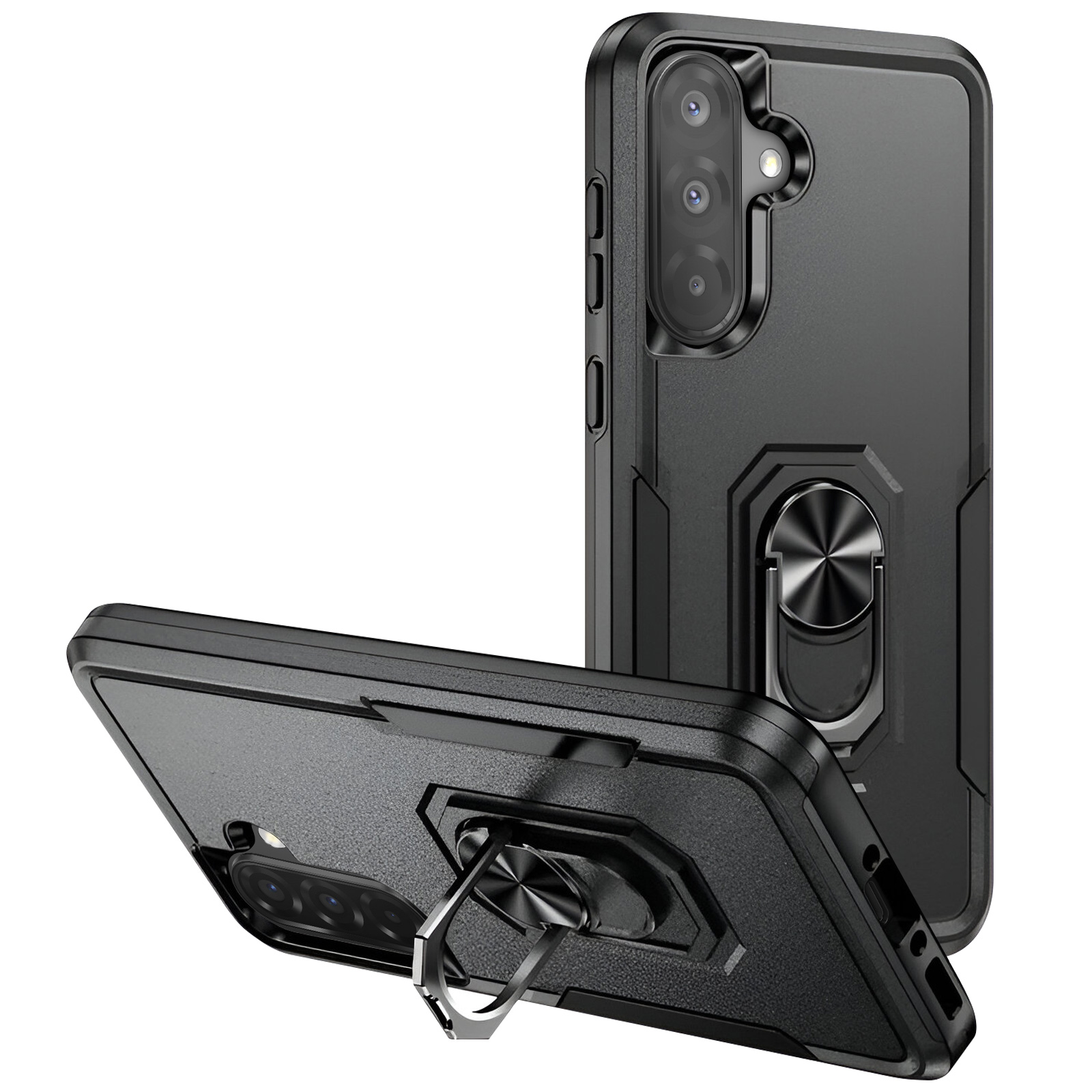 Custodia per telefono nera con supporto ad anello. Vengono mostrate due custodie. Una è in uso.