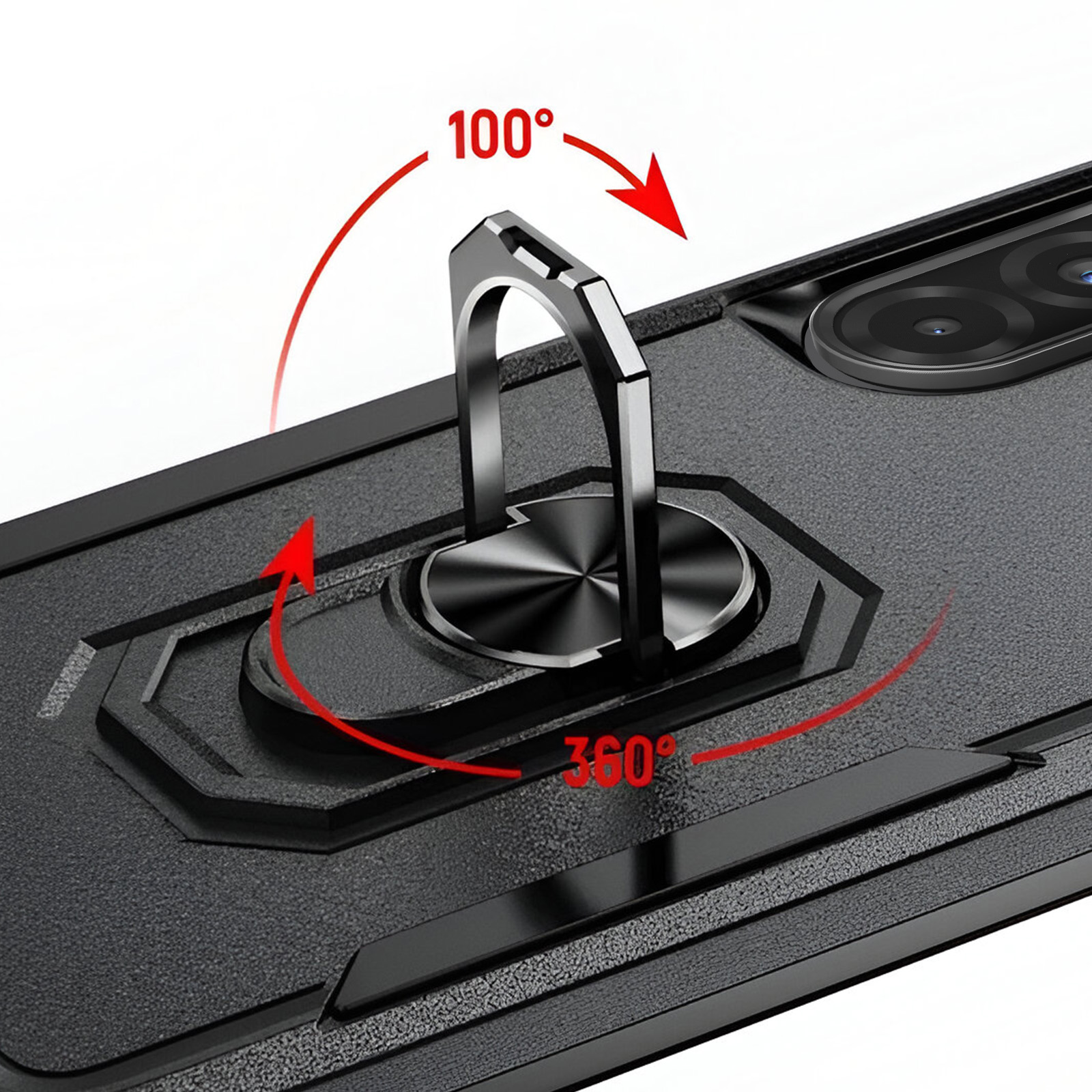 Primo piano del supporto ad anello della custodia del telefono nero. Mostra rotazione di 360 e 100 gradi.