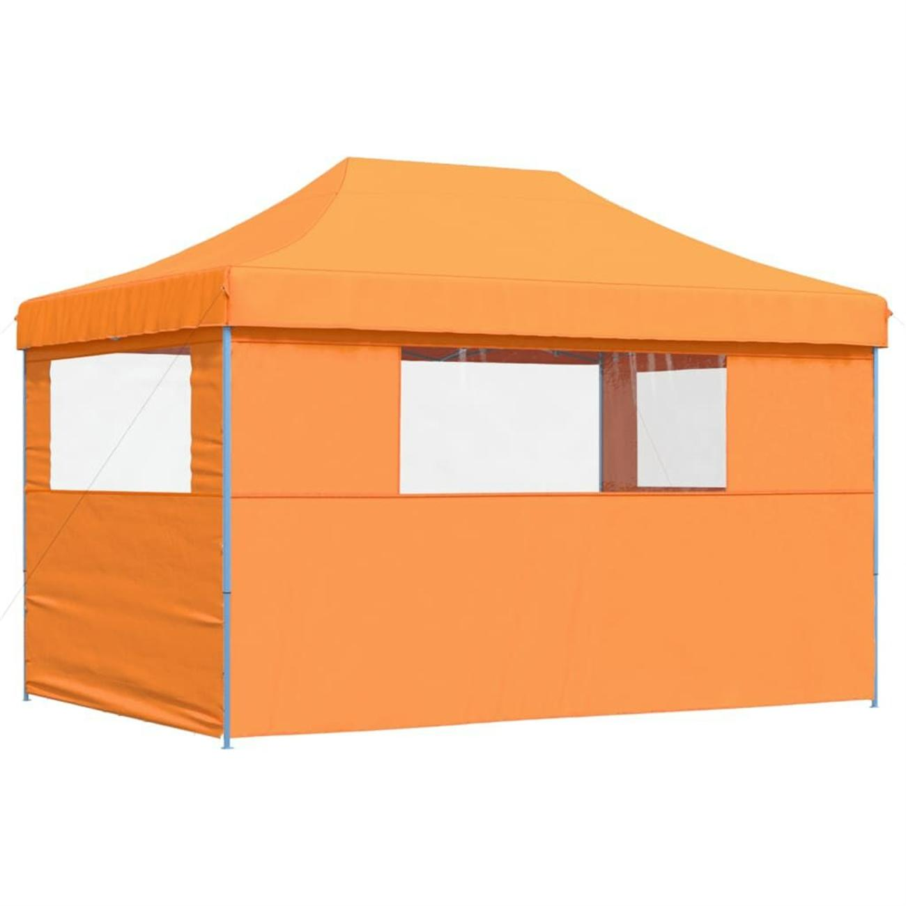 Ein orangefarbenes Pop-up-Zelt mit Fenstern und blauen Stangen.