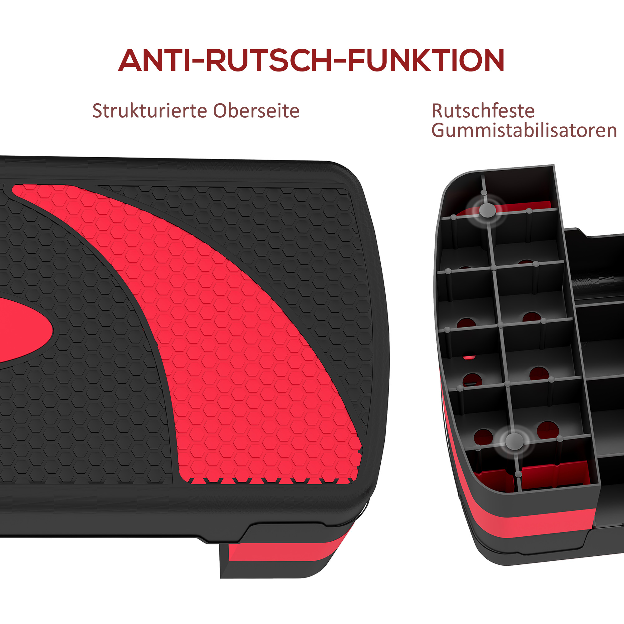 Nahaufnahme einer schwarz-roten Trittplattform. Anti-Rutsch-Funktionen sind beschriftet.