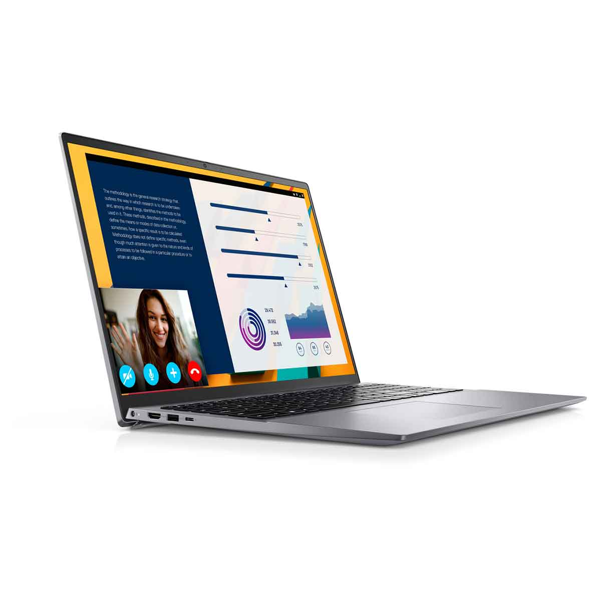 Laptop wyświetlający rozmowę wideo na ekranie. Użytkownik uśmiecha się i macha.