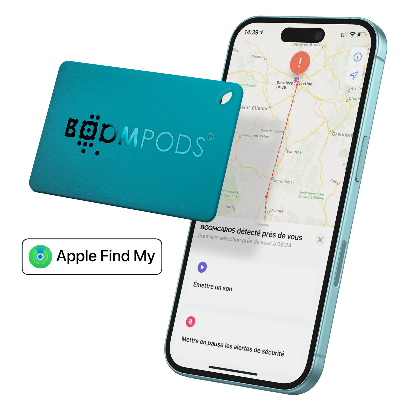 A teal Boompods tracker next to a phone showing a map with a location.