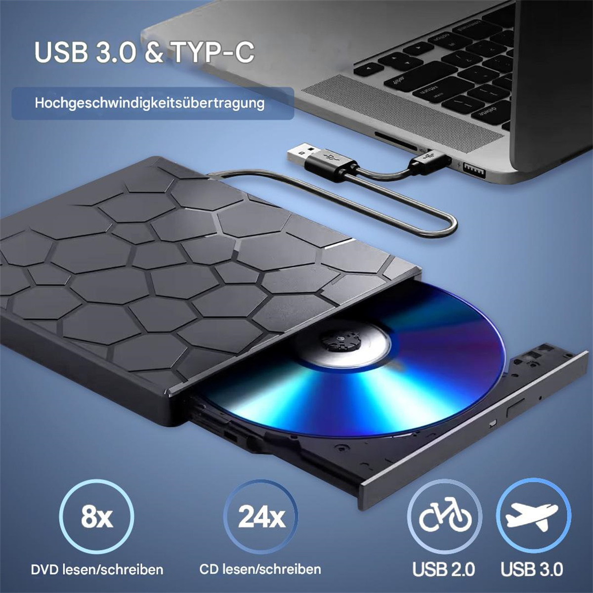 Externes DVD-Laufwerk mit eingelegter CD, an Laptop angeschlossen.