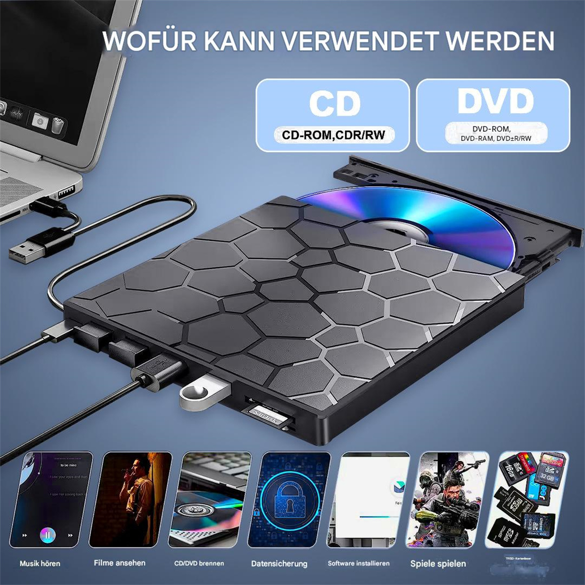 Ein schwarzes CD-Laufwerk mit einer CD. Es zeigt Symbole für Musik, Filme und Daten.