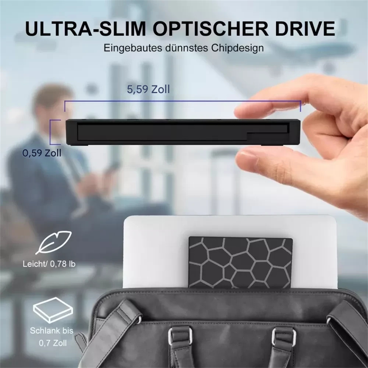 Ein schwarzes optisches Laufwerk in einer Laptoptasche. Abmessungen: 5,59 Zoll lang, 0,59 Zoll dick.