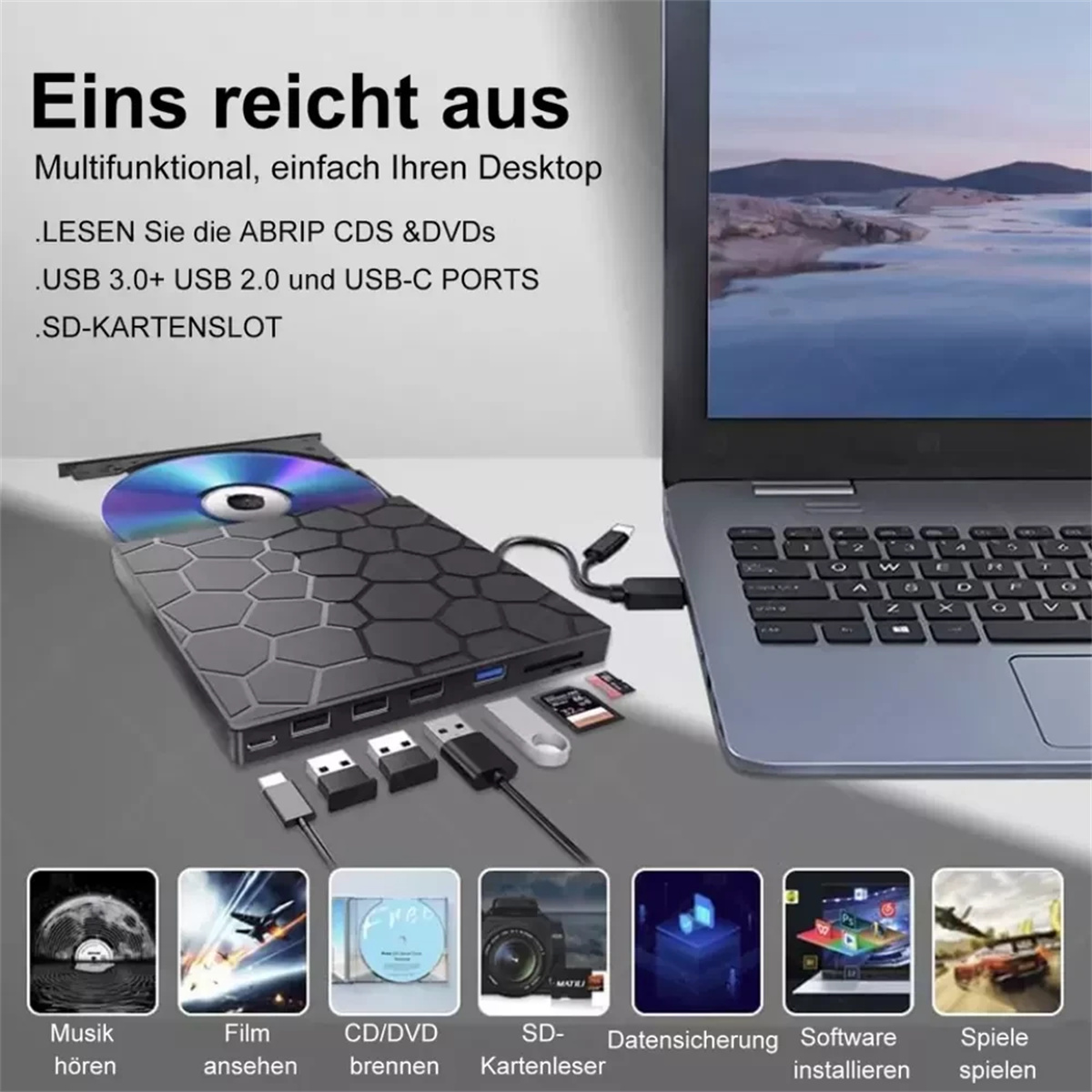 Ein Laptop mit einem angeschlossenen schwarzen Gerät. Es zeigt Symbole für Musik, Filme und Datenspeicherung.