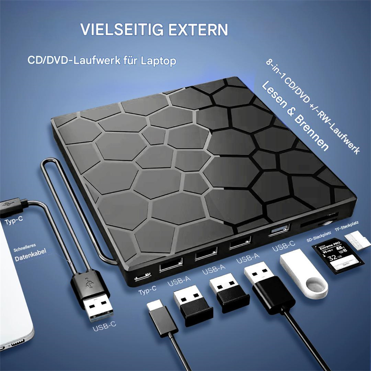 Schwarzer externer CD/DVD-Laufwerk-Hub mit USB-Anschlüssen und Geräten.