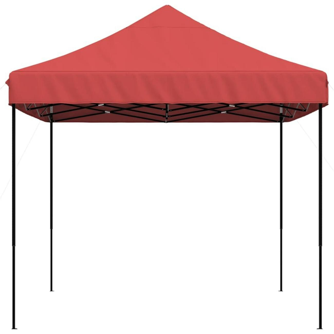 Rotes Pop-up-Pavillon mit schwarzem Rahmen, vor weißem Hintergrund.