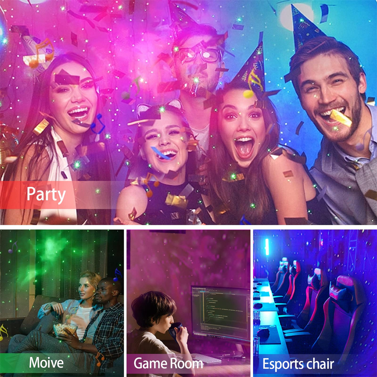 Eine Collage von Leuten auf einer Party, beim Film schauen, Spielen und in einem E-Sport-Stuhl.
