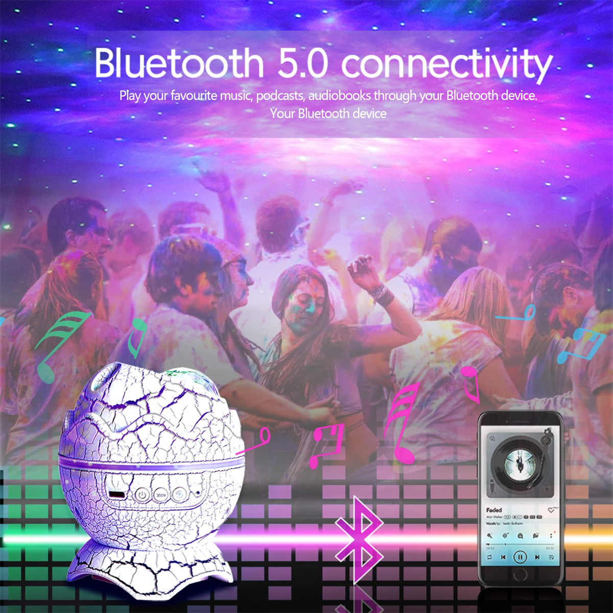 Lautsprecher mit Rissmuster, tanzende Menschen, Telefon mit Musik-App und Bluetooth-Symbol.