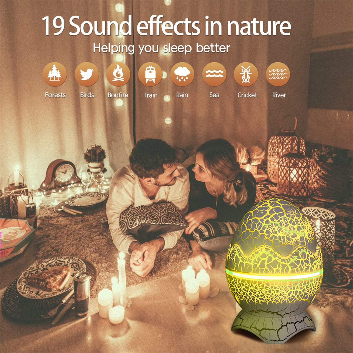 Paar bei Kerzen, mit sternförmiger Ei-Lampe. Text: 19 Natureffekte.