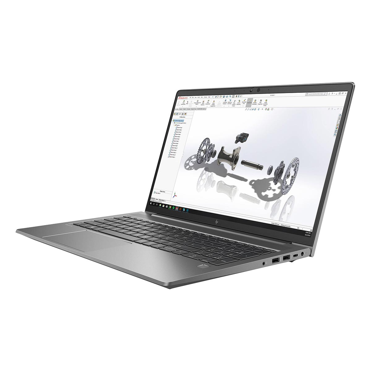 Srebrny laptop z diagramem CAD na białym tle. Otwarty laptop ze szczegółami części maszyny.