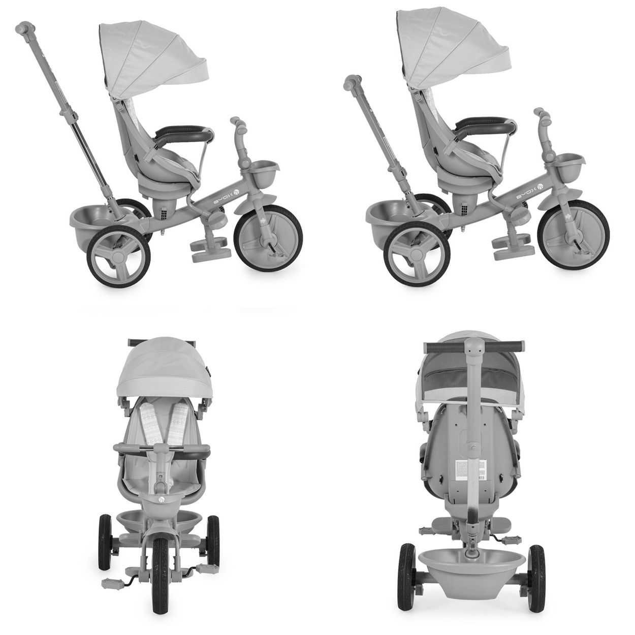 Múltiples vistas de un triciclo gris con capota, cesta y manija para padres.