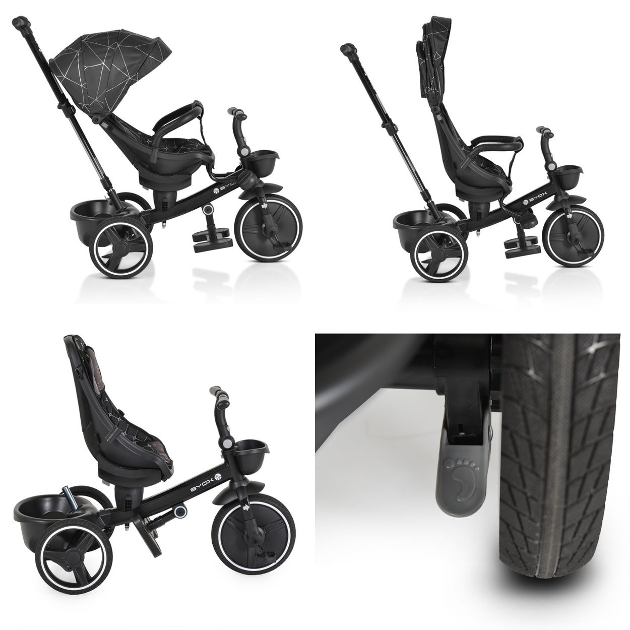 Triciclo con capota, cesta y manillar para padres. Marco negro, asiento negro, ruedas blancas y reposapiés.