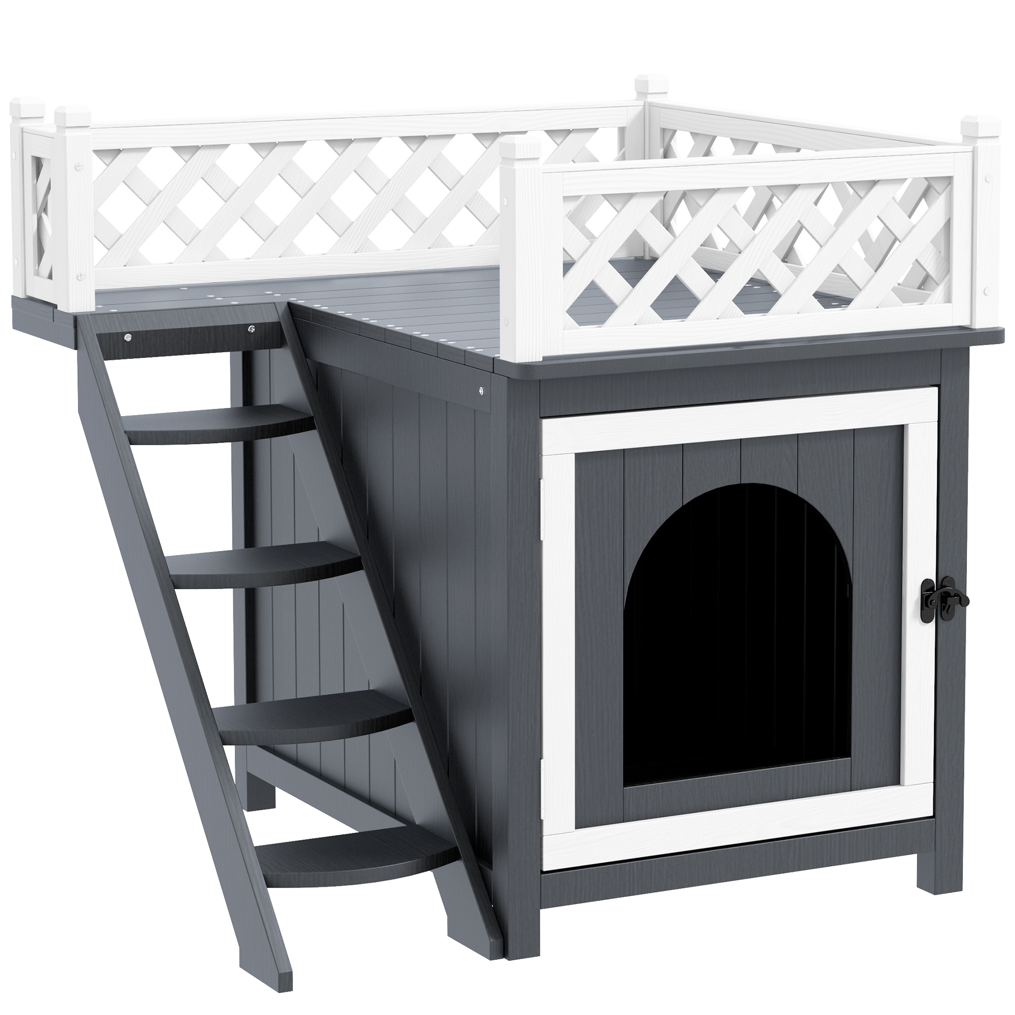 Graues und weißes Hundehäuschen mit Treppe und kleinem Balkon. Die Tür ist dunkel.