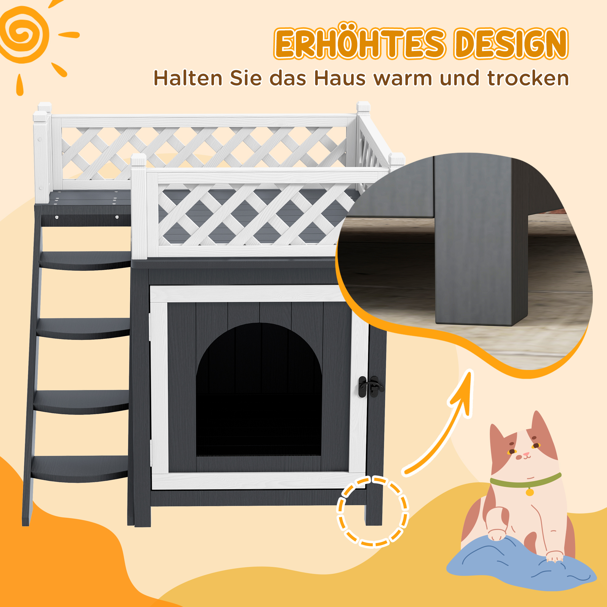 Katzenhaus mit Katze. Grau, weiß und schwarz. Sonne in der oberen Ecke.