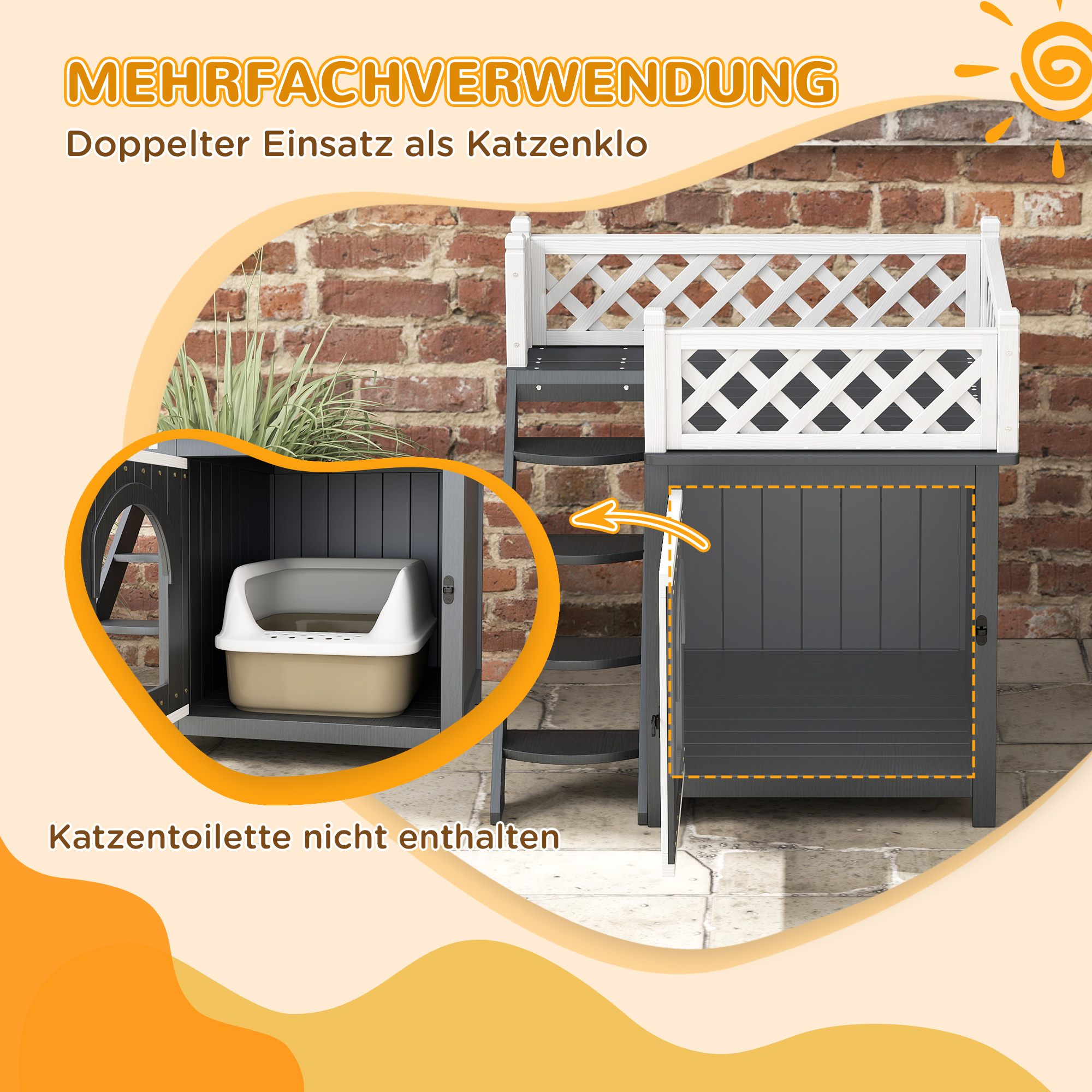 Katzenhaus mit Katzentoilette. Es hat eine weiße Oberseite, Stufen und eine Tür. Hintergrund: Ziegel.