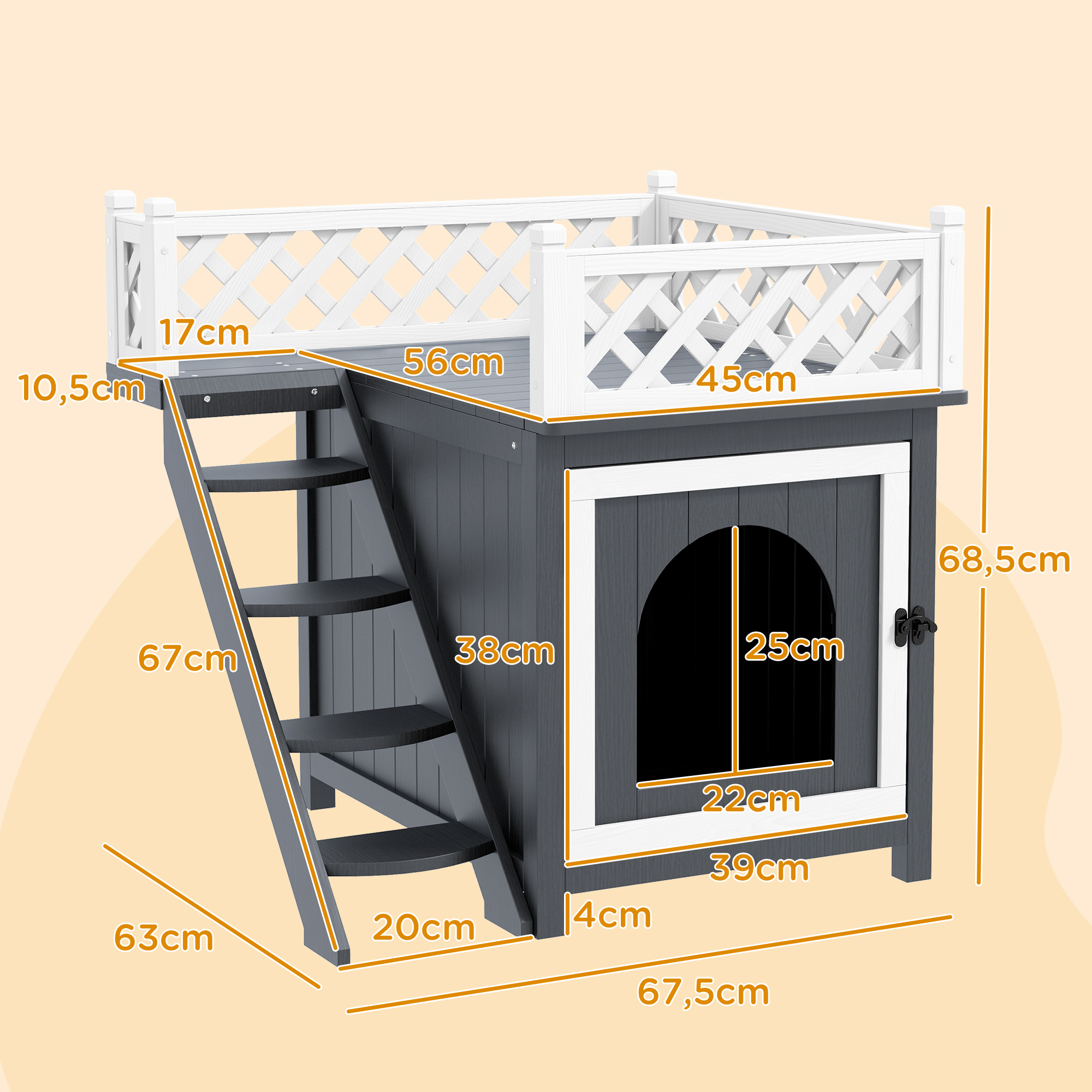 Katzenhaus mit Maßen. Grau, weiß und schwarz. Maße in Zentimetern.