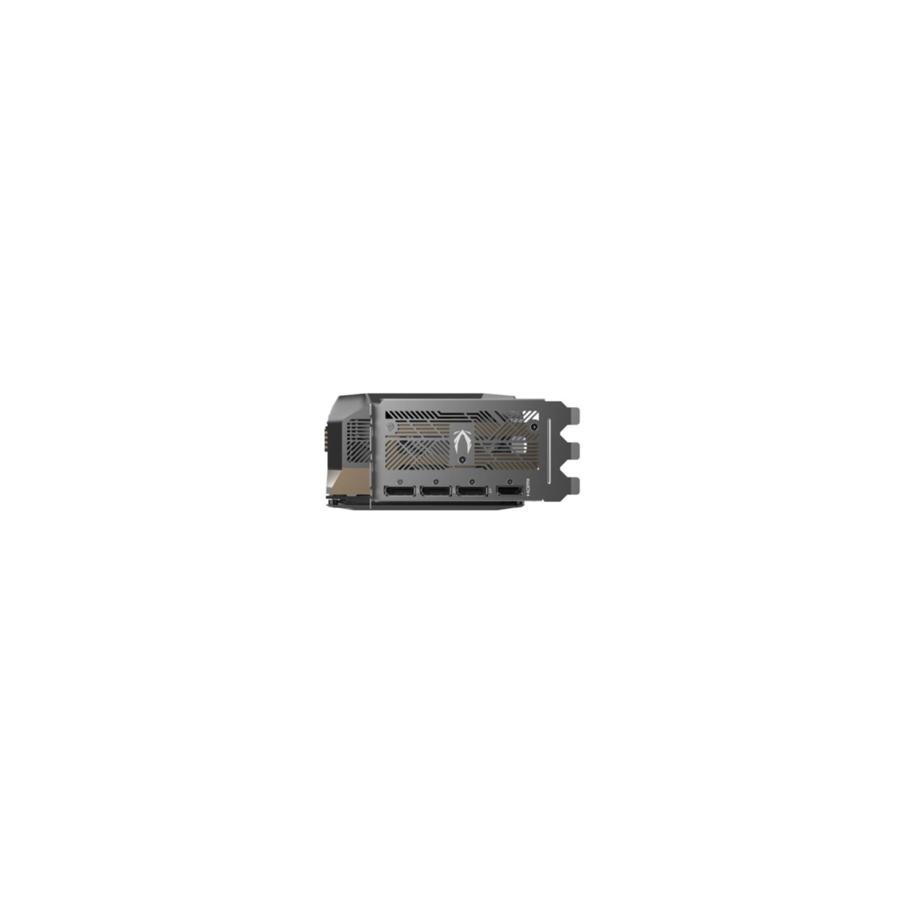 Karta graficzna na białym tle. Szara, z wieloma portami i wentylatorem.