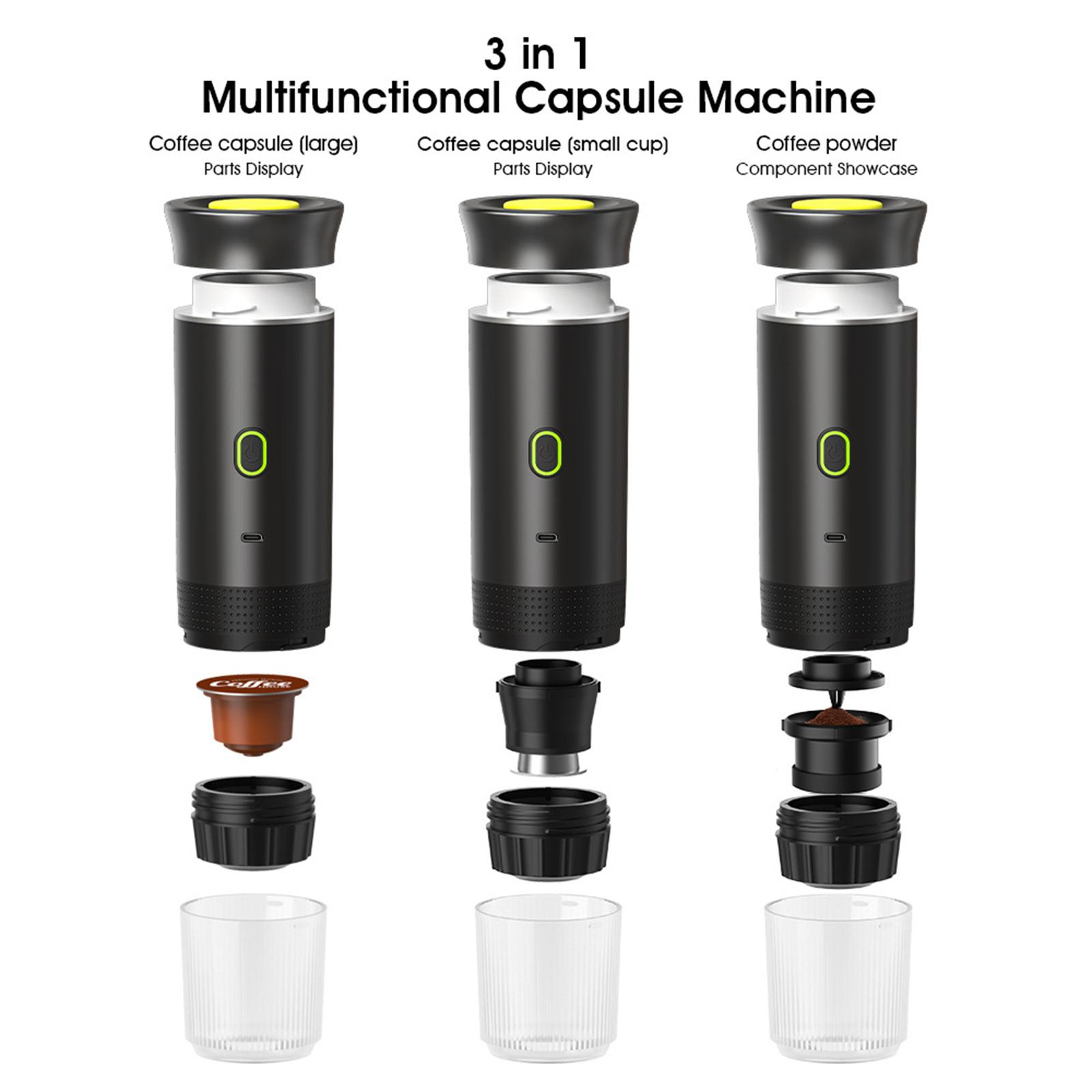3-in-1 Kapselmaschine, Teileanzeige. Schwarz und gelb. Weißer Hintergrund. Komponenten, Kaffee.