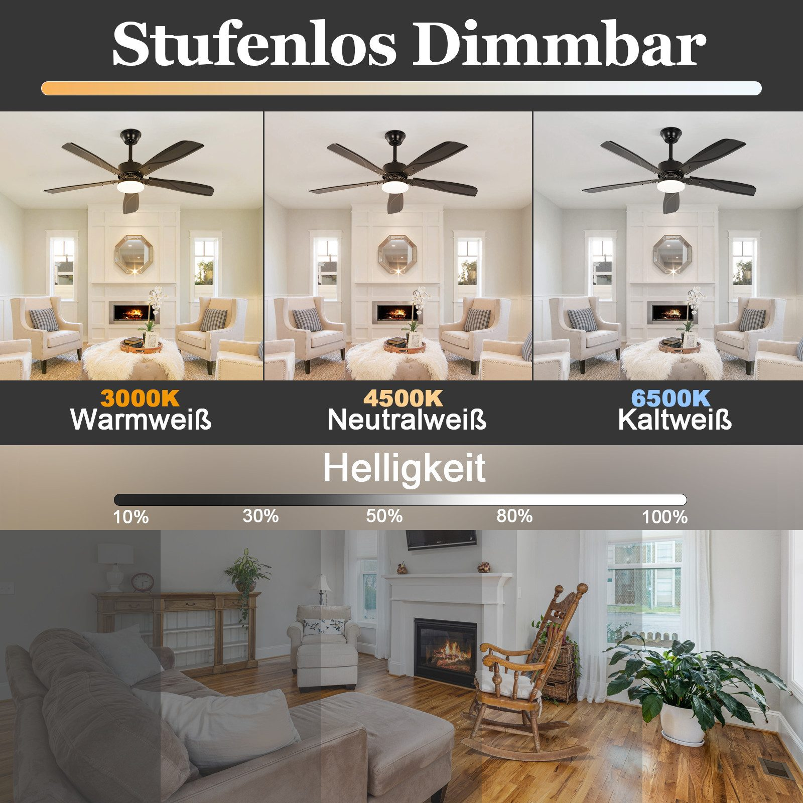Scena del soggiorno con tre ventilatori a soffitto e opzioni di illuminazione: calda, neutra, fredda.