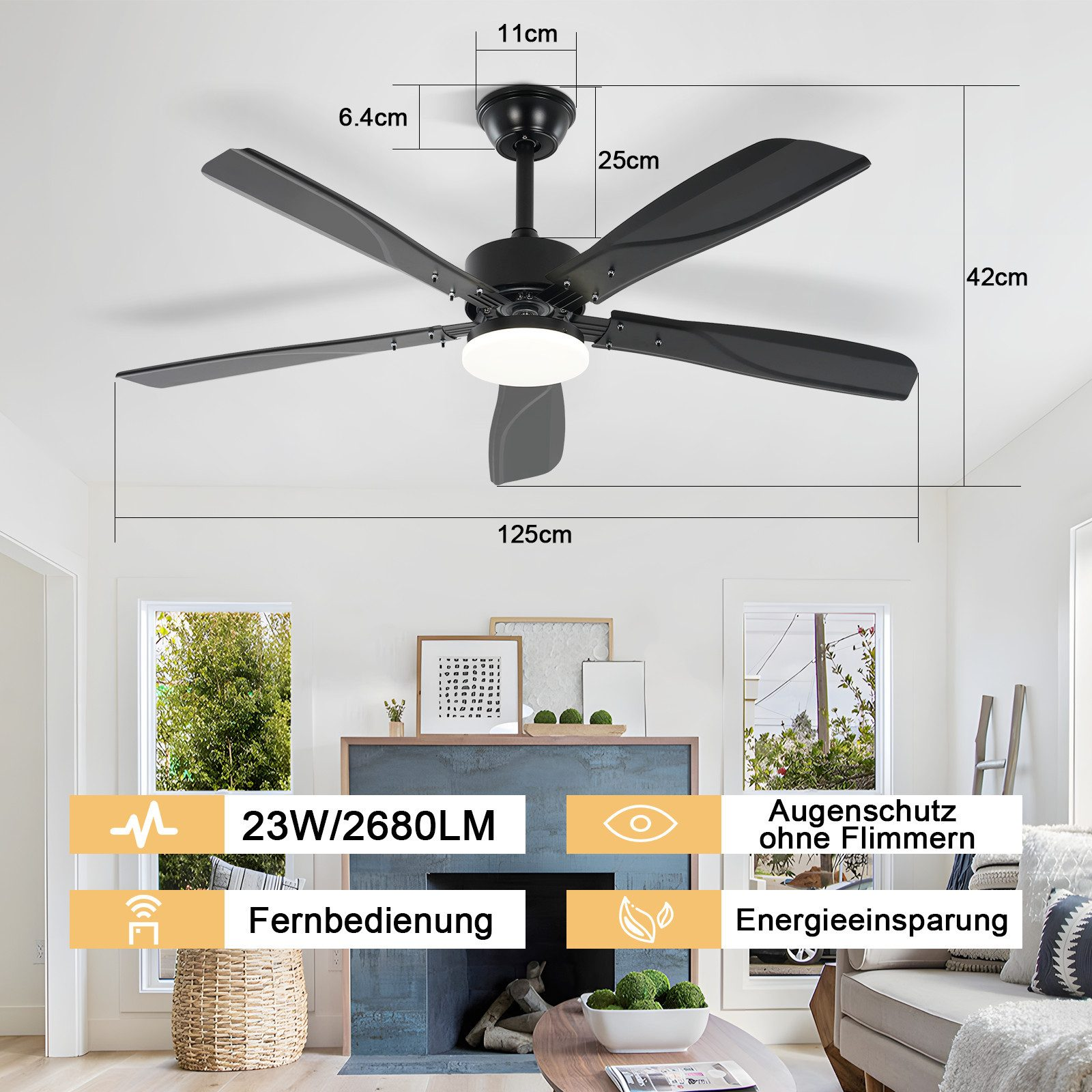 Un ventilatore a soffitto nero con dimensioni etichettate. C'è anche un divano e delle finestre.