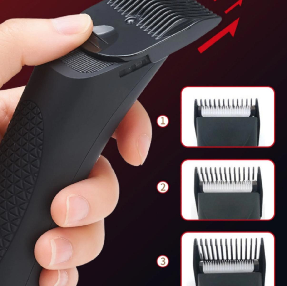 Ein schwarzer Trimmer mit verstellbaren Klingen, eine Hand, die die Klinge verstellt, und drei Klingenbeispiele.