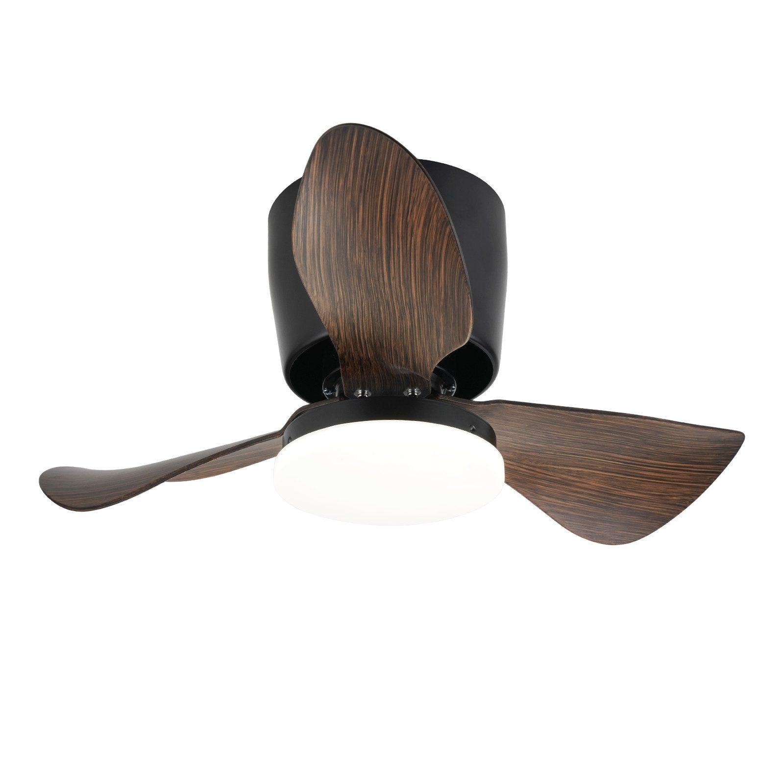 Un ventilatore da soffitto con tre pale in legno e una lampada su sfondo bianco.