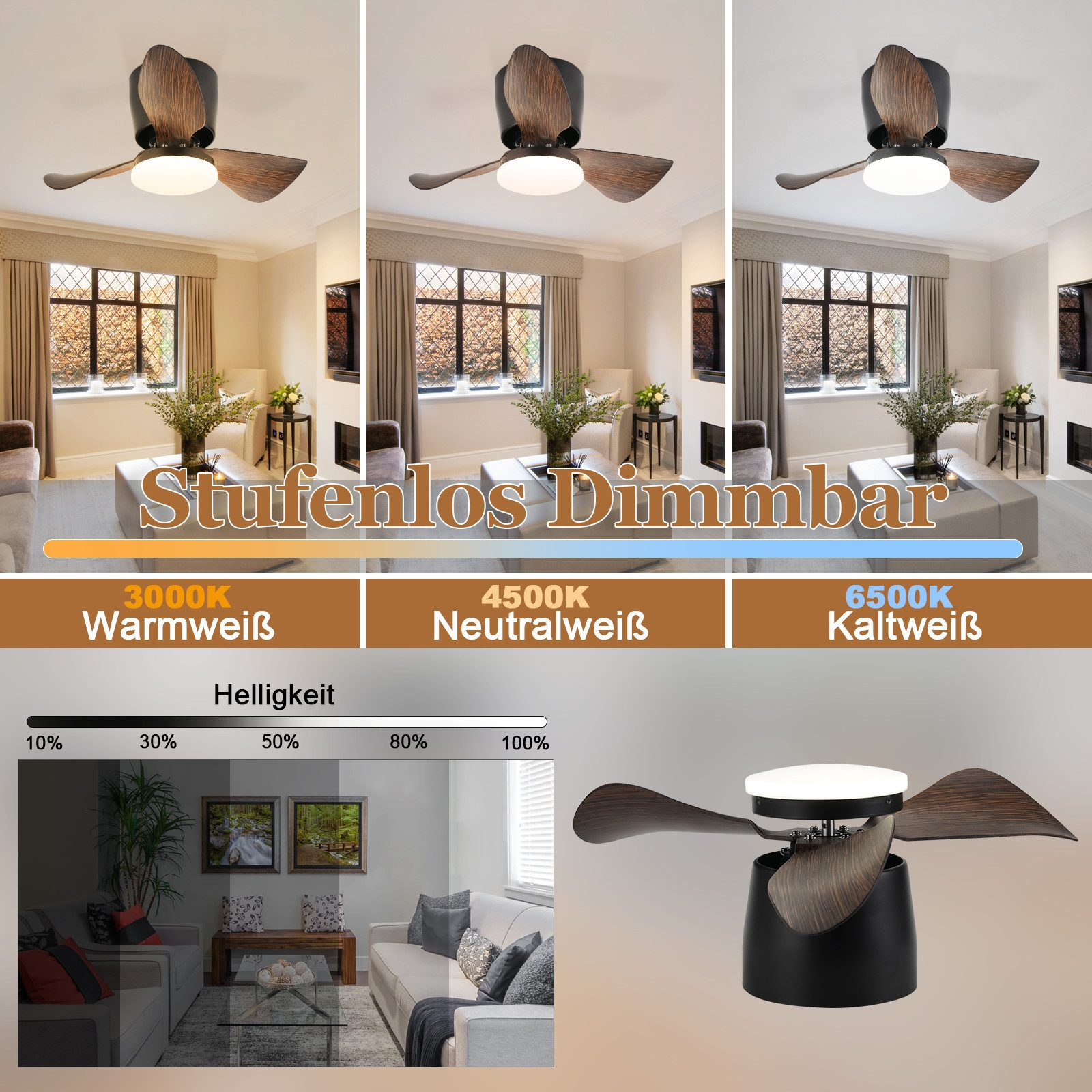 Ventilatore a soffitto, con pale in legno e luce centrale. L'immagine mostra diverse impostazioni di luce e luminosità.