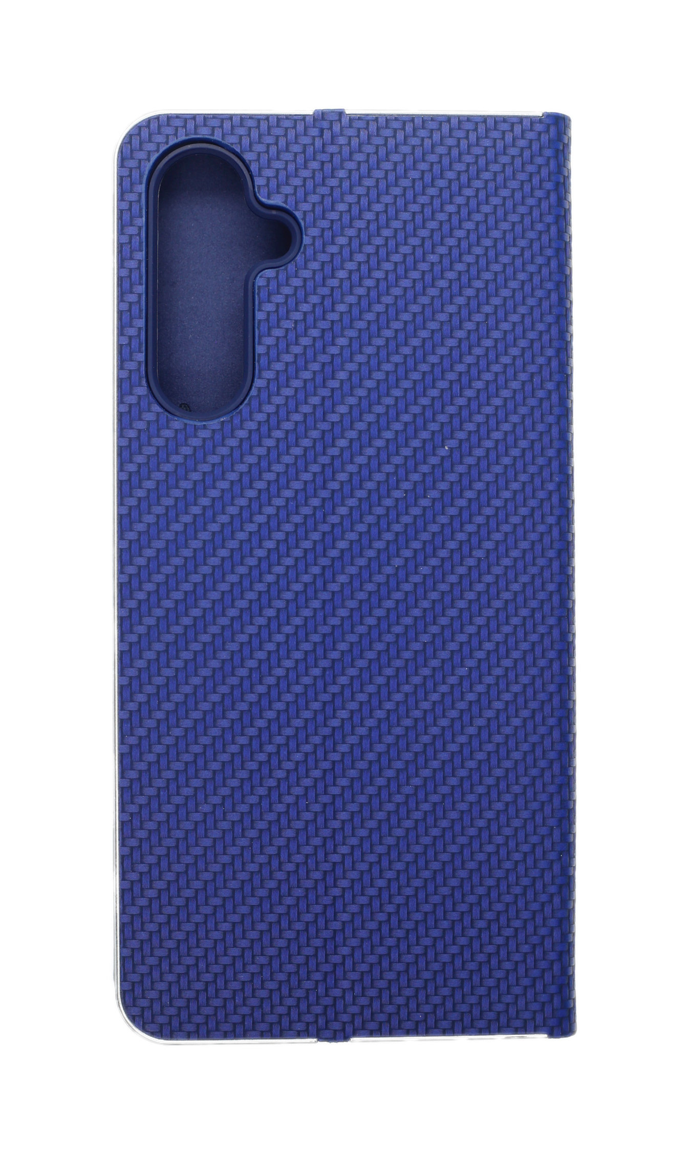 Blaue Handyhülle mit strukturierter Oberfläche. Die Hülle ist geschlossen und zeigt die Rückseite.
