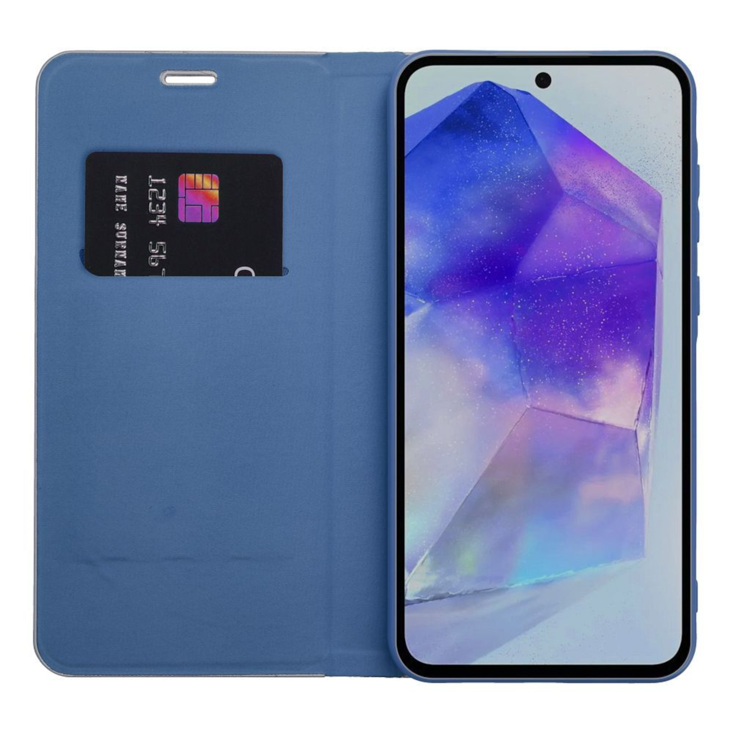 Blaue Handyhülle offen. Ein Telefon mit blau gemusterter Hülle ist sichtbar, zusammen mit einem Kartensteckplatz.