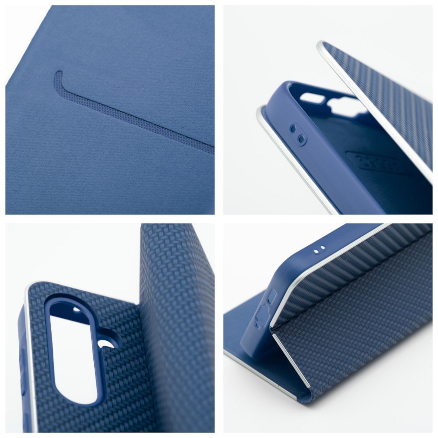 Vier Fotos zeigen eine blaue Handyhülle. Verschiedene Winkel der Hülle werden gezeigt.