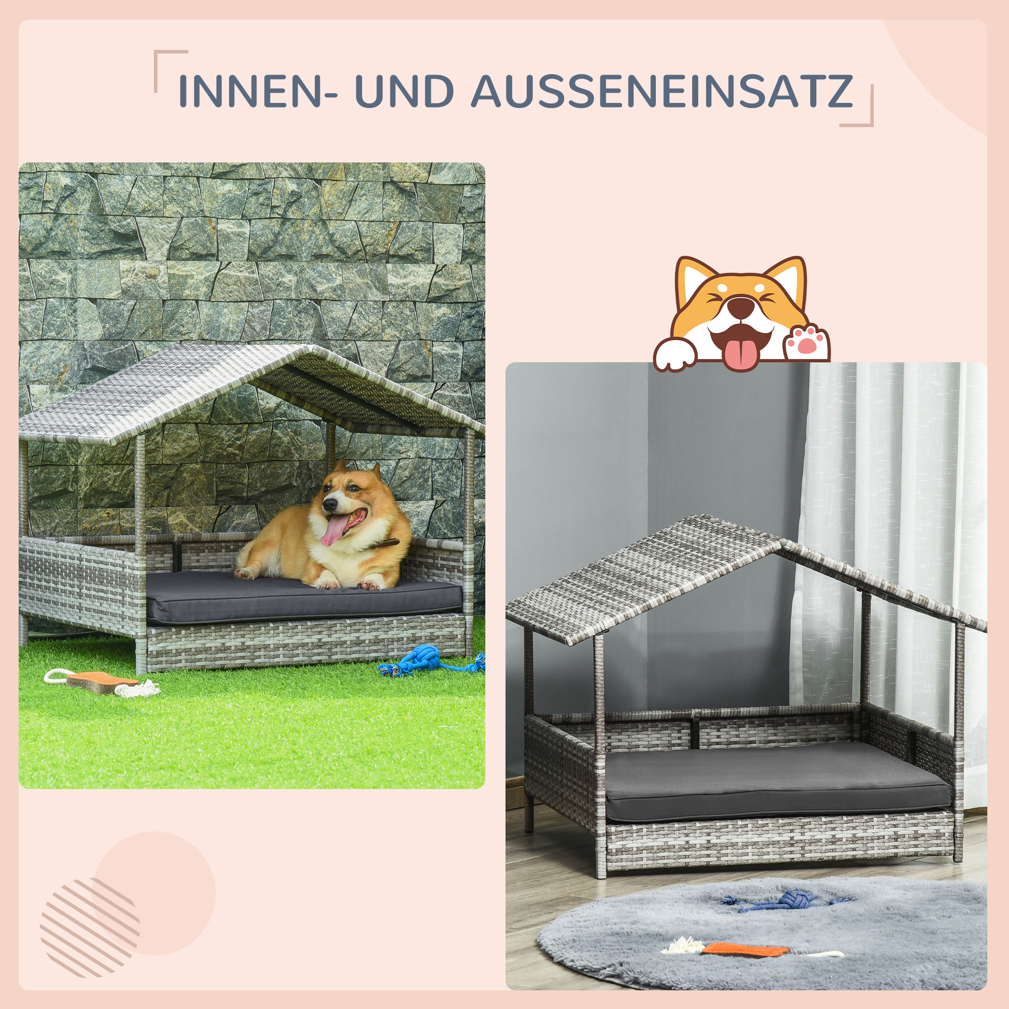 Hundebett draußen und ein Diagramm. Ein Hund ist im Bett. Eine Hundeillustration ist sichtbar. Texte sind deutsch.