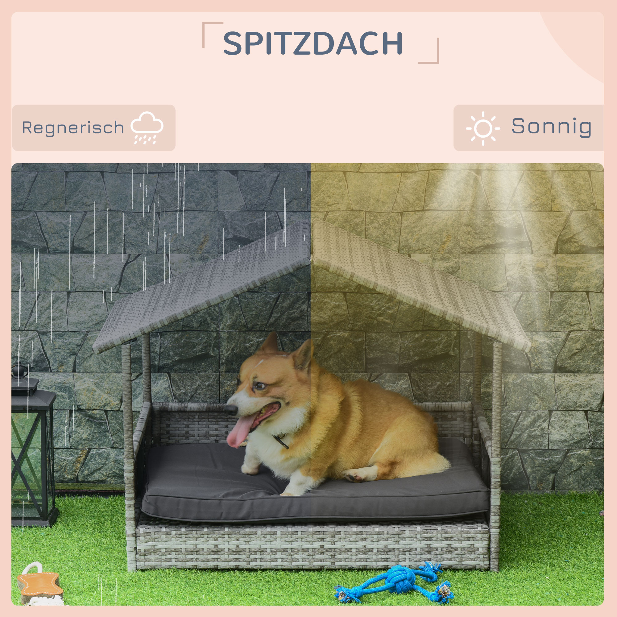 Hundebett-Illustration. Ein Hund ruht in einem Bett. Die Szene zeigt regnerische und sonnige Bedingungen. Text ist deutsch.