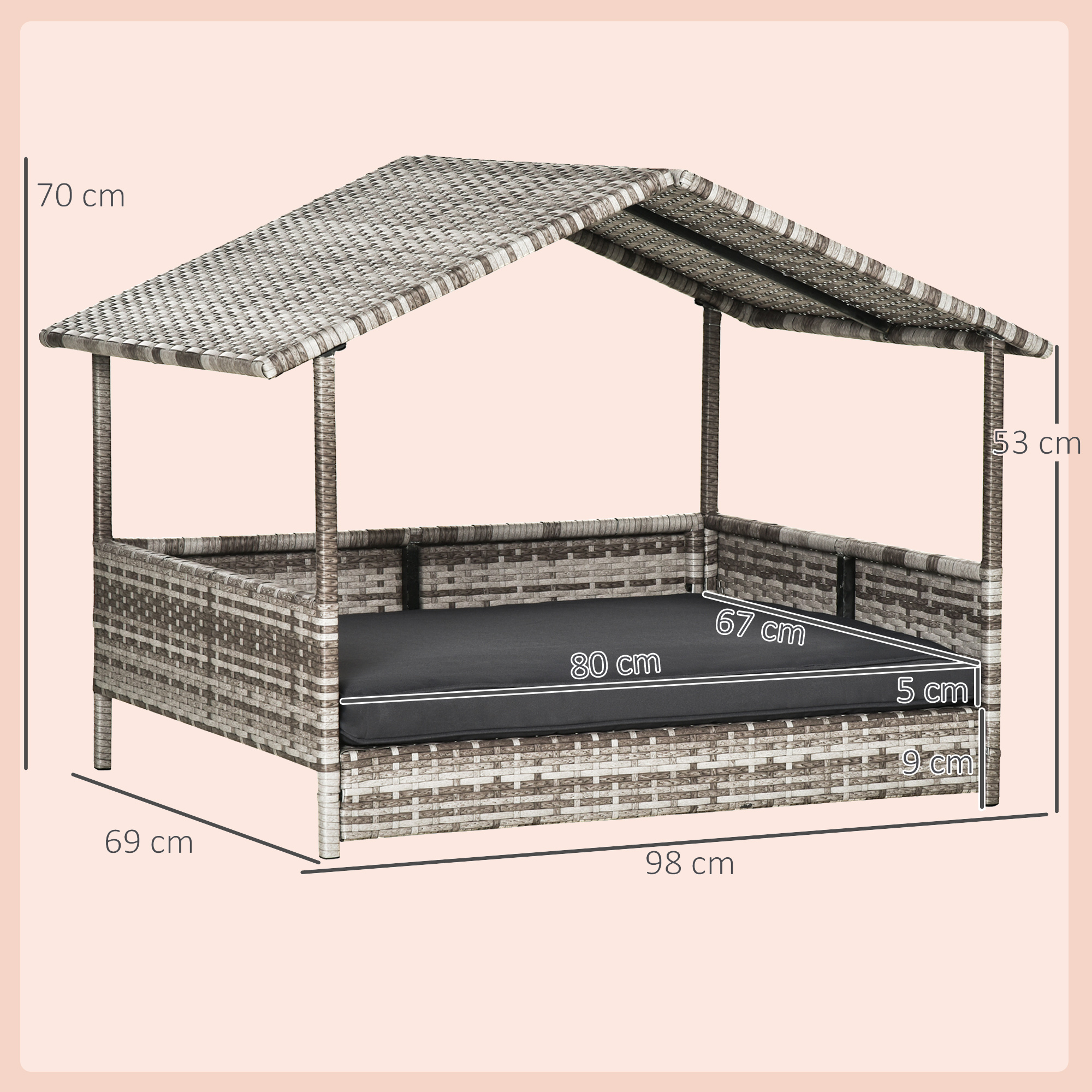 Hundebett mit Baldachin. Abmessungen sind beschriftet: 98x69cm, 80x67cm, 70cm Höhe, 53cm Baldachinhöhe.