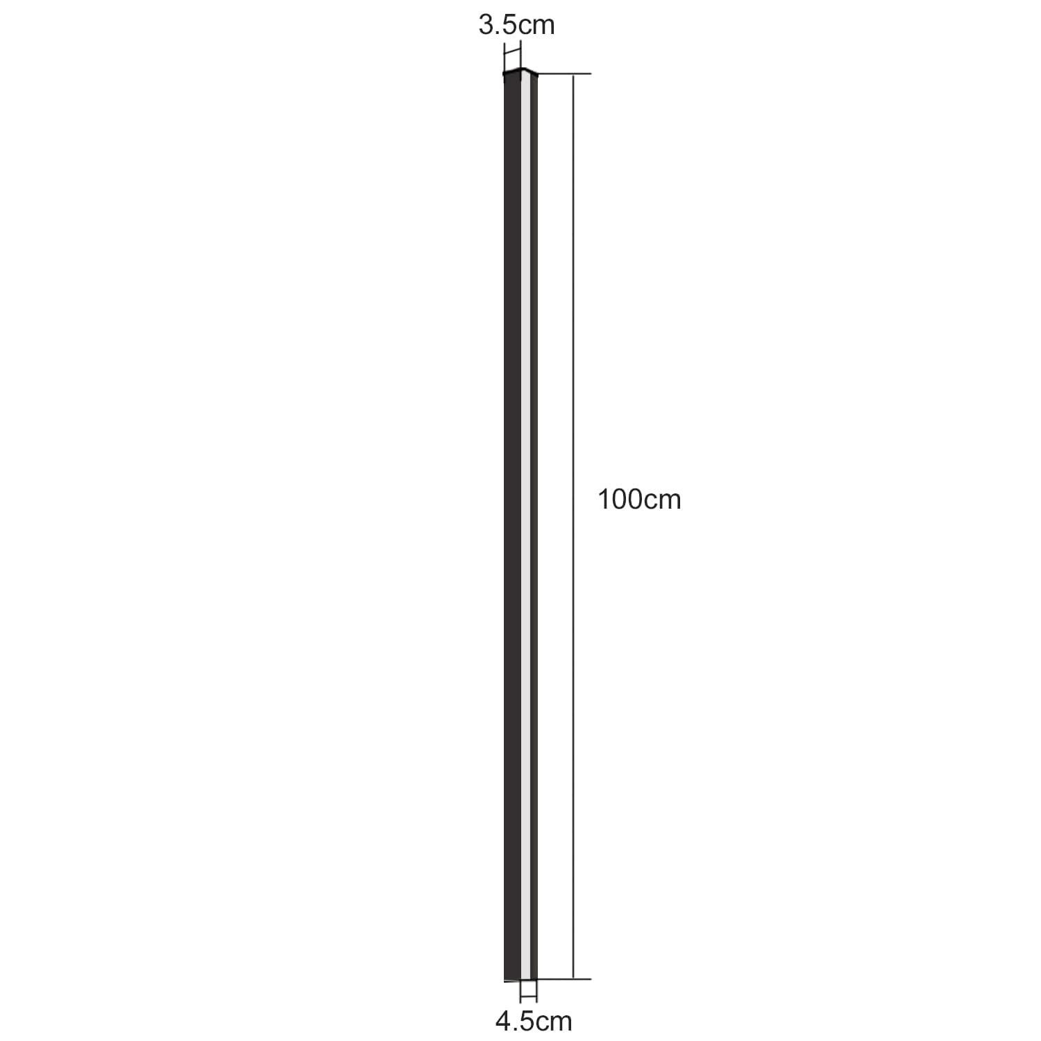 Una striscia LED nera con dimensioni etichettate: 100 cm di lunghezza, 3,5 cm di larghezza e 4,5 cm di spessore, isolata su bianco.