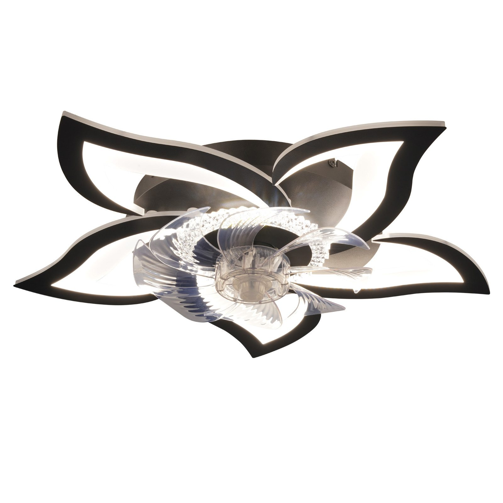 Un ventilatore da soffitto a forma di fiore con un design centrale in cristallo, accenti neri e pale bianche, isolato.