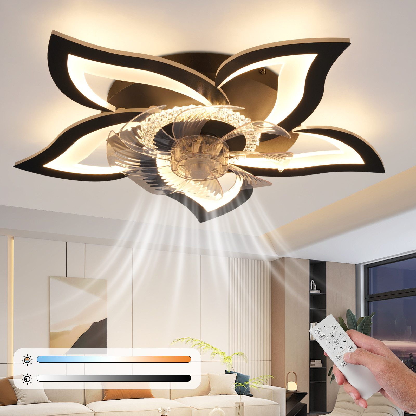 Ventilatore a soffitto con pale a forma di fiore. Scena di un soggiorno moderno.
