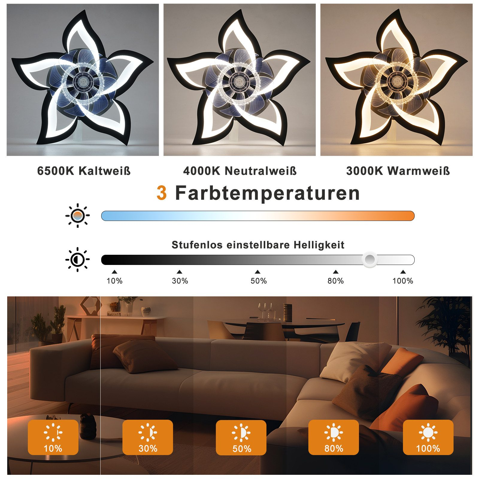 Tre luci con diverse temperature colore. C'è una scala di luminosità sotto di esse.