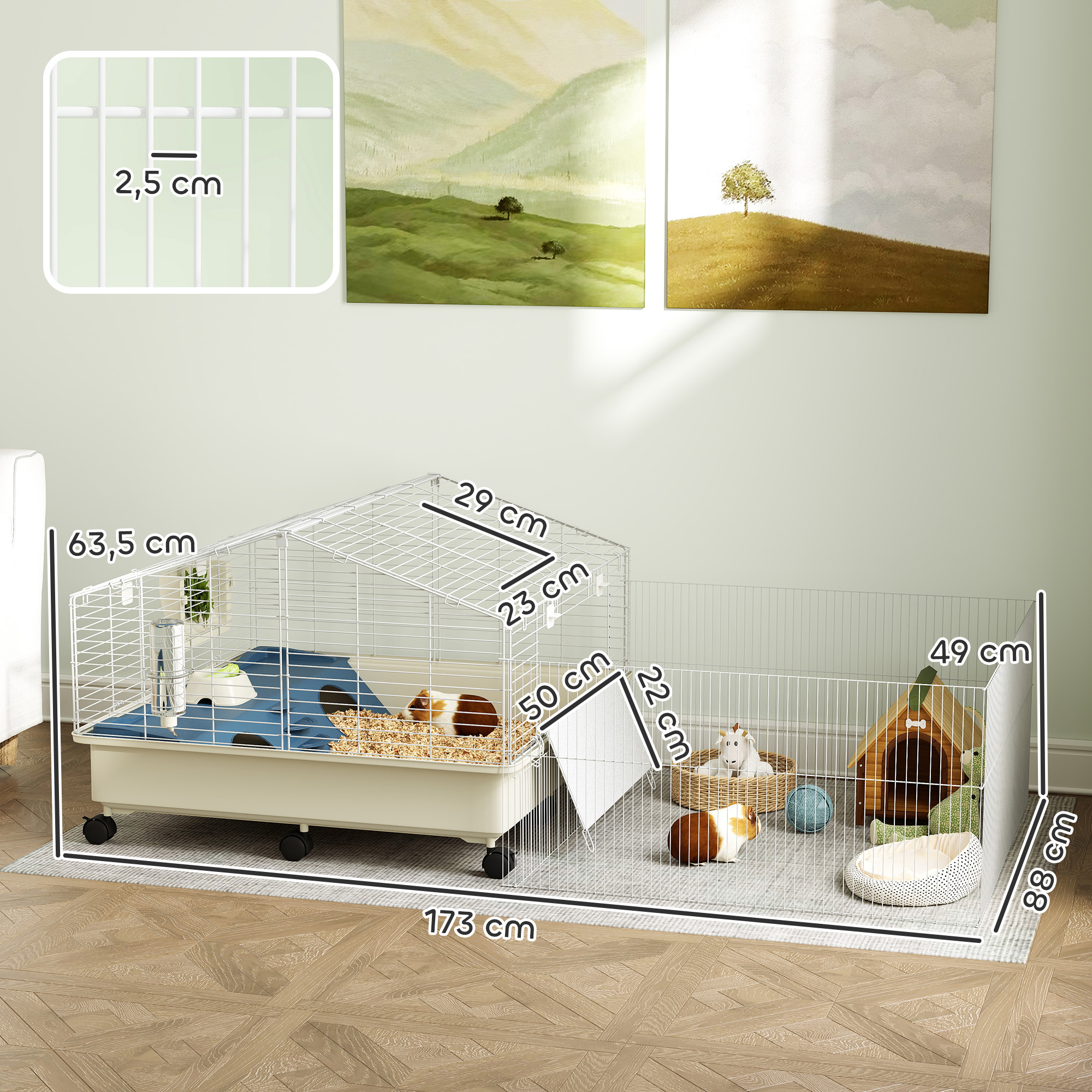 Ein Käfig für Kleintiere mit Meerschweinchen und Zubehör. Abmessungen sind ebenfalls angegeben.