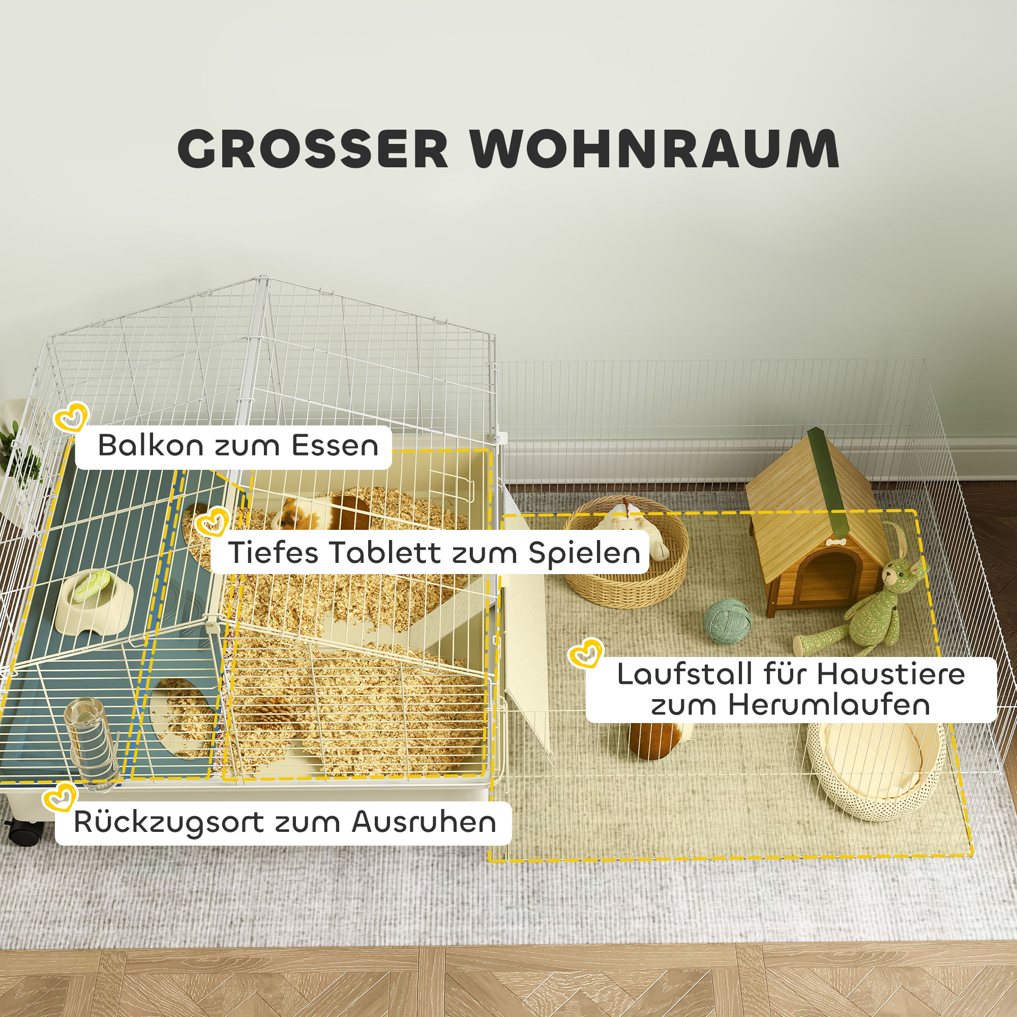 Meerschweinchenkäfig mit beschrifteten Bereichen: Balkon, Spielbereich und Ruhebereich.
