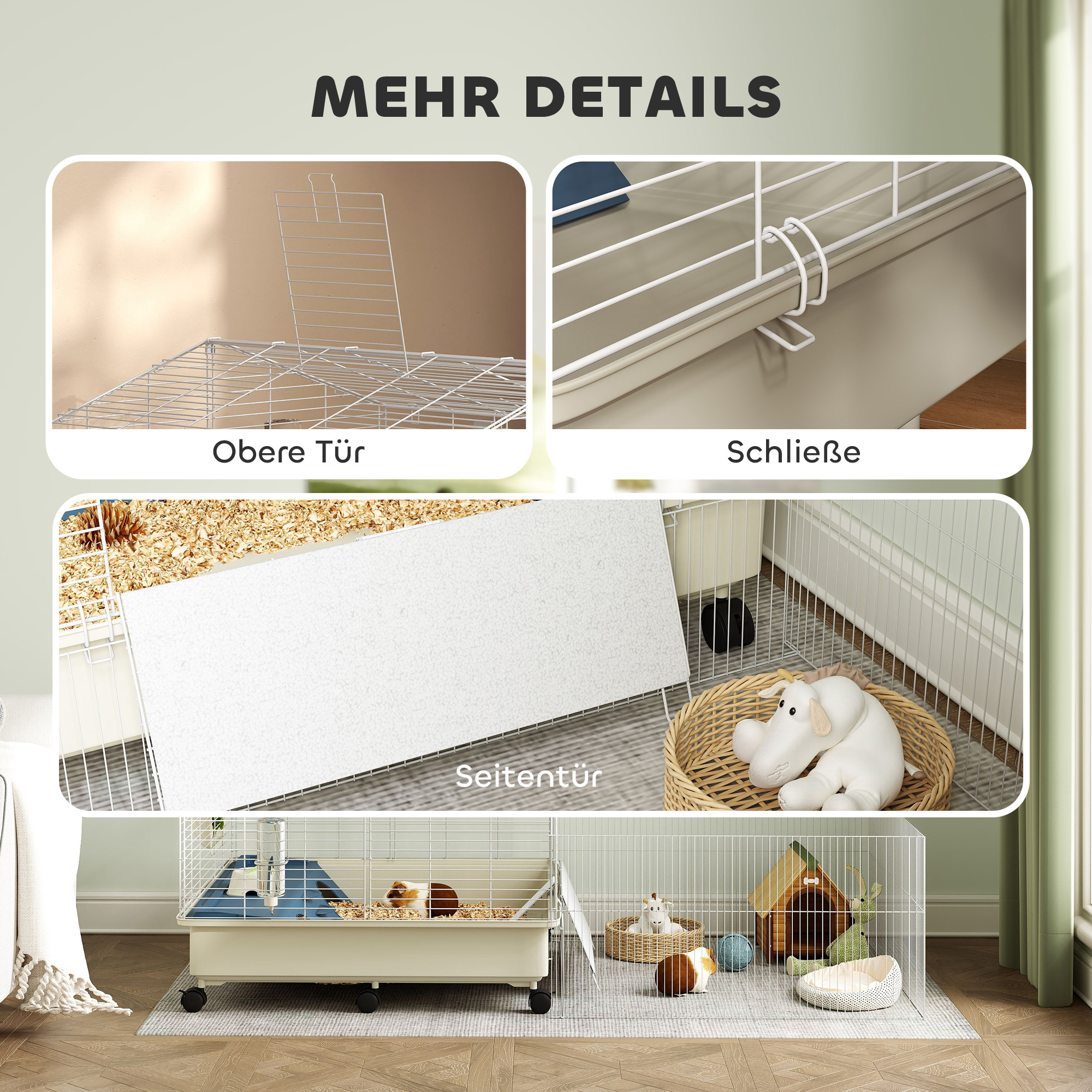 Details des Käfigs für Kleintiere. Nahaufnahmen der Türen und des Meerschweinchens.