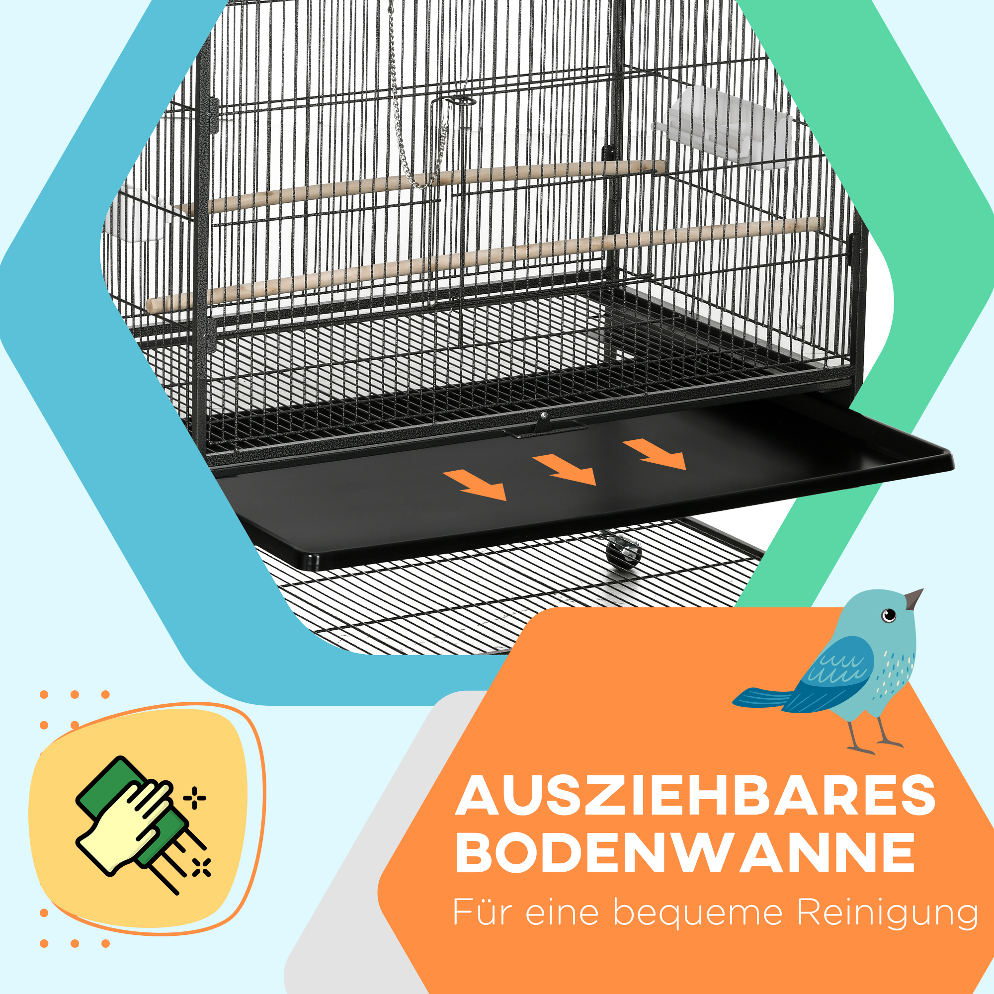 Vogelkäfig mit herausnehmbarer Schale für einfache Reinigung.