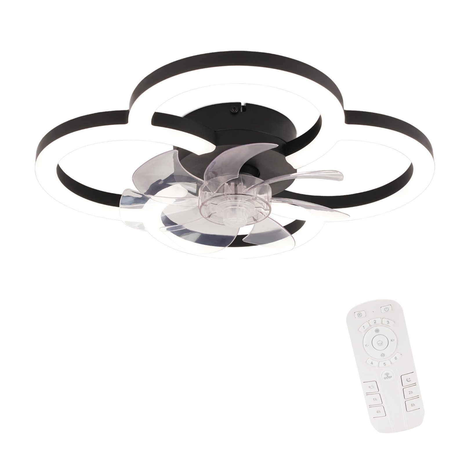 Ventilatore a soffitto con un design a forma di nuvola e telecomando.