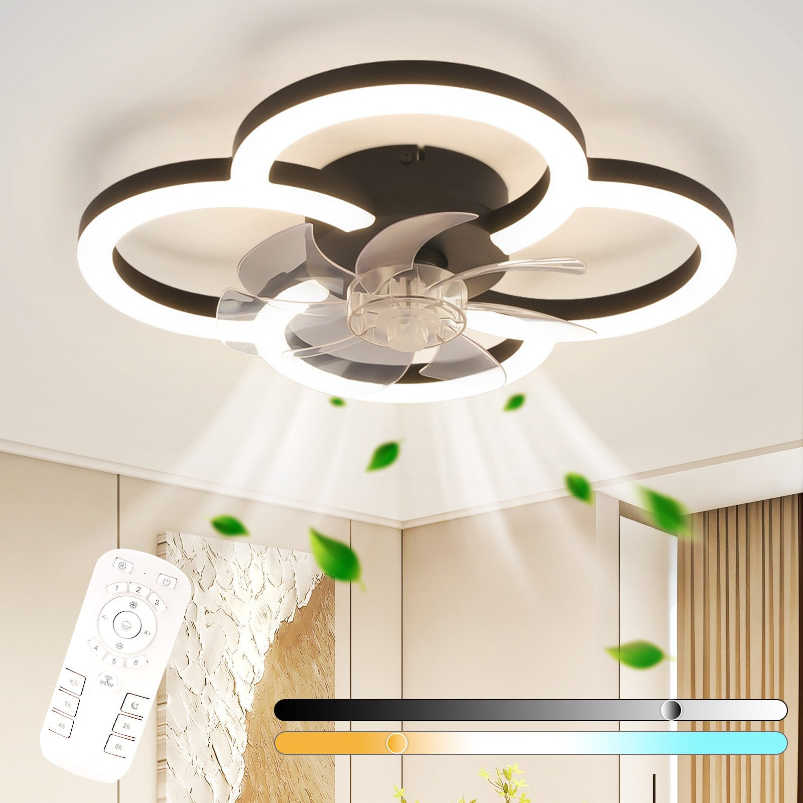 Ventilatore da soffitto con design a quattro petali, pale trasparenti e luci a LED. Telecomando e opzioni colore.